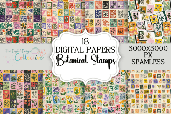 Download Seamless Botanical Stamps Digital Papers - Botanical stamps Collection